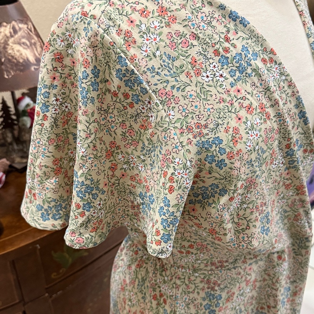 Monteau Floral Wrap Dress - Cream, Blue, Pink - Picture 2 of 3